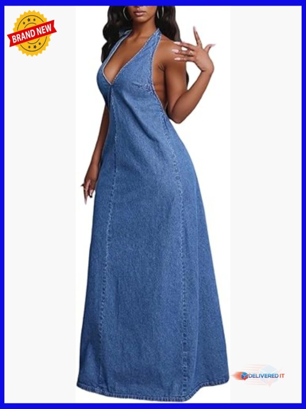 Sleeveless Maxi Denim Dress Halter Backless V-Neck Going Out